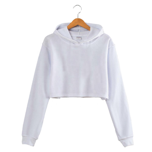 Wholesale Custom Logo Women's White Breathable Casual Autumn/Spring Knitted Cotton Cropped <b>Hoodie</b> - Product Image 1