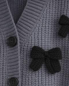 Customized Women Dark Grey Cropped Knit <b>Cardigan</b> Sweater <b>With</b> Black Bow Applique V Neck Button Front Cute Winter Fashion Top - Product Image 6