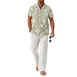 Conjunto informal de 2 piezas de lino para hombre al por mayor de alta calidad, camisa con botones inspirada en la playa y conjunto de pantalón suelto con cierre de botón - Product Image 5