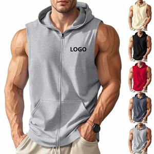 Camiseta sin mangas con logotipo personalizado, Camiseta deportiva con capucha de poliéster transpirable de talla estadounidense para entrenamiento físico, ropa de gimnasio, sin mangas con cremallera - Product Image 1