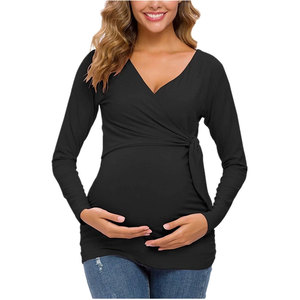 Blusa Elegante con Cuello en V para Mujer, Blusa Sexy de Maternidad de Manga Larga, Top Cruzado con Lazada Delantera, Camisa de Maternidad de Tela Tejida - Product Image 3