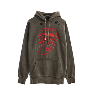 Custom Applique Embroidery Distressed Hoodies <b>Rhinestone</b> Zip <b>Jacket</b> Acid Wash Vintage Washed Men Fleece Solid ODM 2 Pcs - Product Image 1