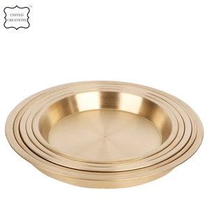 Plateau de service en métal rond décoratif de luxe écologique à fond plat en acier inoxydable avec plaque en cuivre et or - Product Image 2