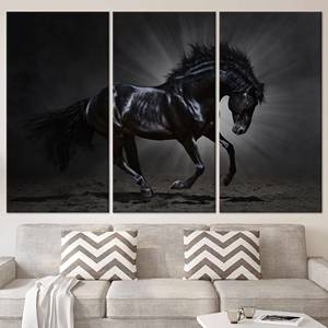 Décoration murale élégante avec cheval noir, œuvre d'art imprimée sur toile, art animalier, ensemble de 3 toiles - Product Image 1