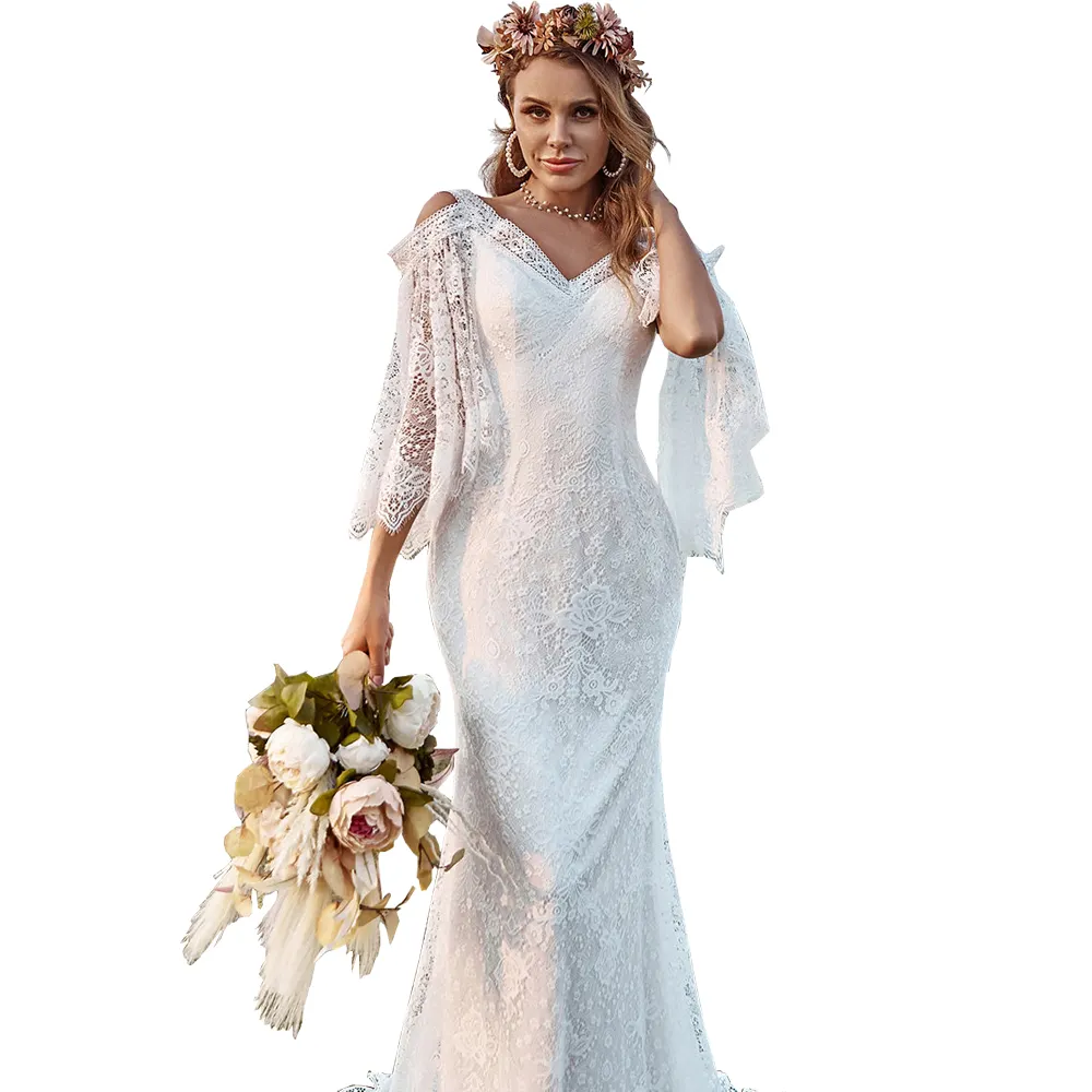 Gaun pernikahan Formal untuk wanita, gaun pengantin elegan punggung terbuka, gaun pengantin wanita Formal lengan jubah duyung bahu dingin, gaun pernikahan Boho renda gading