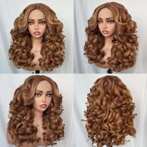 Perruque afro bouclée synthétique avec dentelle frontale pour femmes, sans colle, mèches blondes, perruque en dentelle en T rebondissante, résistante à la chaleur, synthétique - Product Image 1