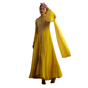 Costume de palazzo en soie russe jaune avec coupe Dana et paillettes travail en gros vêtements ethniques pour femmes costume de fournisseur d'usine de vêtements OEM - Product Image 2