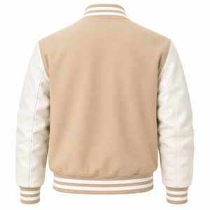 Chaqueta Varsity de Cuero Genuino para Hombre SINEWY SPORTS, Color Beige con Mangas Blancas, Logotipo NY Bordado, Transpirable, Estilo Preppy, para Otoño - Product Image 2