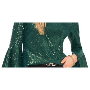 Vince Camuto Women's Straight Silhouette Green <b>Top</b> with <b>Sequin</b> Bell Sleeves Size Medium - Product Image 3