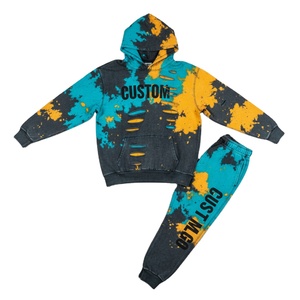 Conjunto de chándal con capucha rasgada de tinte de corbata sólido de dos piezas Unisex personalizado lavado ácido Grunge Splatter High Street Loungewear - Product Image 4