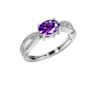 Anillo de Compromiso Único con Amatista Sintética Ovalada en Engaste de Puntas, Chapado en Rodio, Anillos Finos de Moissanita Original - Product Image 1