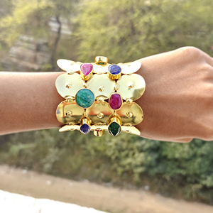 Hypoallergenic fashion jewelry mix color dyed gemstone wide band <b>bracelet</b> 18k gold plated solid brass jewelry open cuff <b>bracelet</b> - Product Image 6