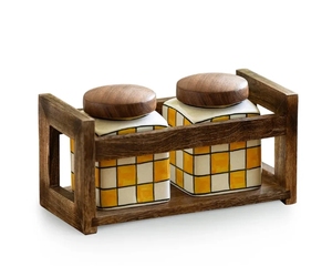 Shatranj Checkered Multi-Purpose Storage <b>Jars</b> & Containers In Ceramic With Wooden Holder Set of 2 Hand-Embossed Airtight - Product Image 5