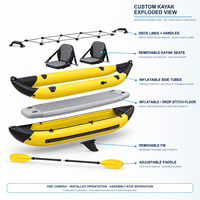 Kayak gonflable personnalisé avec siège, pagaie et plancher gonflable, personnalisation OEM, emballage et contenu visuel pour les programmes de vente au détail en plein air