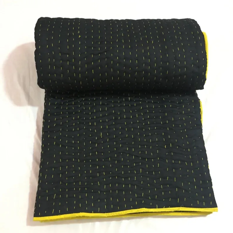 Solid Black Cotton Kantha Quilt Hand Stitched Yellow Thread & Yellow Border Handmade Kantha Bedding Throw Soft Cotton Blanket