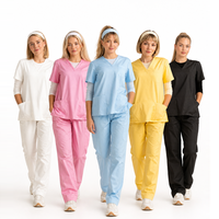 Ensemble uniforme médical pour femmes : Blouse et pantalon tissés, doux et confortables, col en V, manches courtes, pour pharmacie, clinique et personnel soignant