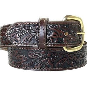 Handmade Leaf Tooling Floral Design Embossed Genuine Western Leather Tooling Belt <b>in</b> <b>Black</b> or Brown Full Grain Western Leather - Product Image 1