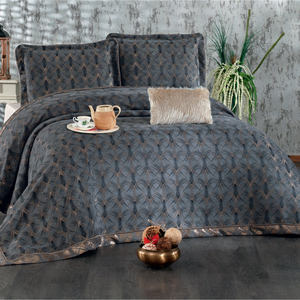 Ensemble de couvre-lit classique de luxe personnalisé Guzide Podyum Anthracite Grey 4 pièces, 100% chenille, tissé organique, rayé, lavable - Product Image 1