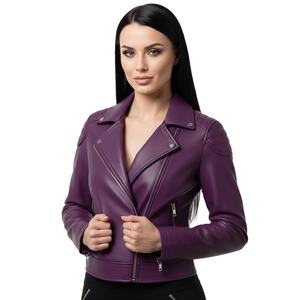 แจ็คเก็ตหนังสีม่วงสำหรับผู้หญิง แจ็คเก็ตมอเตอร์ไซค์หนังแท้สั่งทำ เสื้อคลุมแฟชั่นสำหรับผู้หญิง สไตล์สวมใส่ประจำวัน จำนวนมาก - Product Image 1