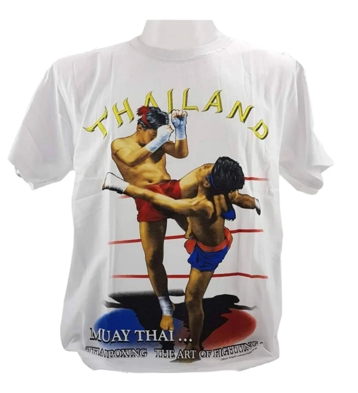 Camiseta de boxe Muay Thai Tamanho M 100% algodão Qualidade Premium Estilo casual Original Desenho gráfico Tailandês Impressão de fotos