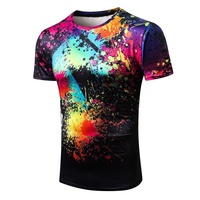 Premium kalite erkek kısa kollu t-shirt moda 3D renkli boya baskılı karışık renkli yüceltilmiş