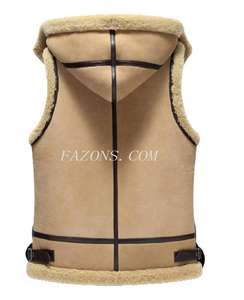 Gilet en cuir pour homme à capuche amovible, doublure en shearling et fourrure Sherpa, style vintage, chaud et décontracté - Product Image 3