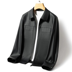 Chaqueta de cuero Chaqueta de piel de oveja natural con cremallera de solapa para hombres de mediana edad y jóvenes Top informal de negocios Negro Marrón - Product Image 3