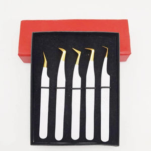 Pinces à épiler professionnelles pour extensions de cils en acier inoxydable japonais, pointe en fibre, fabrication artisanale, pinces blanches mates dorées avec poignée diamantée - Product Image 1