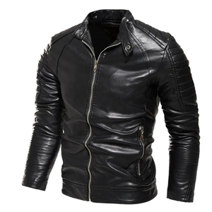 Veste en cuir noire élégante pour homme avec fermeture éclair sur le devant, panneaux côtelés sur les manches et poches latérales sur la poitrine, veste en cuir pour homme - Product Image 4
