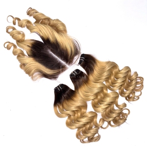 La más alta calidad, precio caliente, pelo crudo hinchable, Color Ombre, extensiones de cabello humano vietnamita, conjunto de paquetes de cierre 2025 - Product Image 1