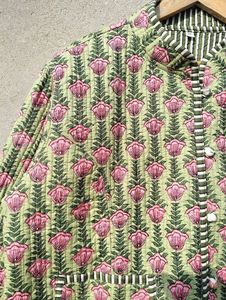 Vert rose hiver lavé décontracté veste matelassée femmes rayé passepoil fait à la main Vintage Boho Double face robe - Product Image 4