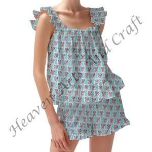Conjunto de pijama de pantalones cortos de algodón indio para mujer bloque de mano flor Primavera/Verano Floral ajustado con tiras y volantes mangas PJ conjunto - Product Image 5