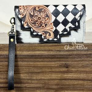Nouveau portefeuille-bracelet en cuir de vachette artisanal, incrusté de motifs floraux à carreaux, style western, en cuir véritable, pochette pour femme - Product Image 1