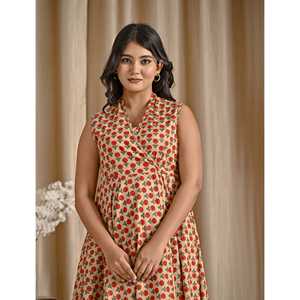 Vestido Asimétrico Estampado de Algodón Butti Rojo Beige, Personalizado, Casual, Elegante, para Oficina, Talla 5XL, Transpirable, Estiloso, para Fiestas Diurnas - Product Image 1