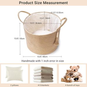 16" Woven Storage <b>Basket</b> with Handles Natural Jute Rope & Wooden Bead Decorative Organizer Bin <b>Blankets</b> Toys Clothes Shoes - Product Image 3