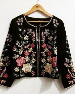 New Beautiful Heavy Embroidery Jacket Elegant Silk and Linen Party Wear with Beautiful Crystal Beads & Glass Stones - Product Image 1
