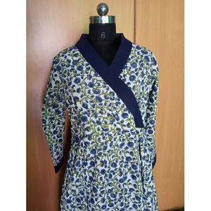 Vestido cruzado de algodón estampado a mano con estampado floral de doble sombra hermoso estilo - Product Image 3
