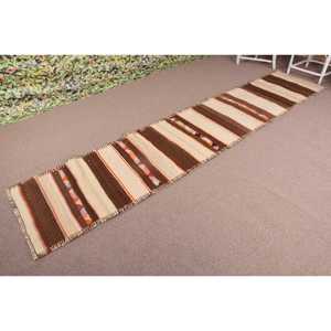 Vintage Kilim <b>Runner</b> <b>Rug</b> 2.6x12 ft (78x365 cm), Turkish Brown Moroccan <b>Rug</b> - Product Image 2