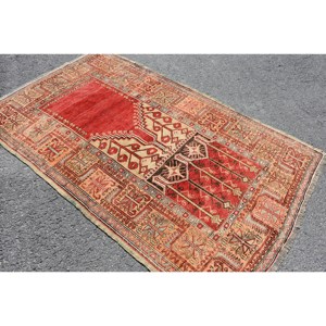 Alfombra de lana clásica Bohemia roja y Beige de 4,3x7,1 pies estilo turco diseño de retazos hecho a mano látex para pasillo rectangular de cabecera - Product Image 4
