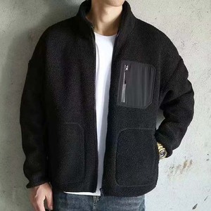 Veste d'hiver pour homme en polaire sherpa unie avec fermeture éclair, col montant, broderie sur le devant, logo personnalisé, décontractée, respirante, adulte - Product Image 4