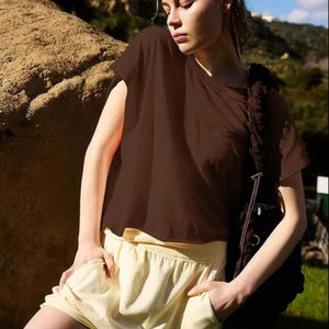 Femmes haut court 100% coton athlétique entraînement Gym t-shirts décontractés à manches courtes Yoga course T-Shirts bouton décoration coupe ample - Product Image 2