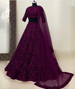 新印度全设计花式迷人婚纱和节日服装塔夫绸莱亨加网布蕾丝作品杜帕塔套装
