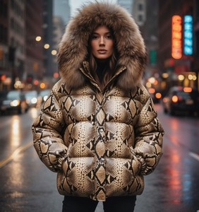 Blouson matelassé en cuir véritable pour femme avec décoration en fourrure de renard, fermeture éclair, style streetwear, hiver - Product Image 1