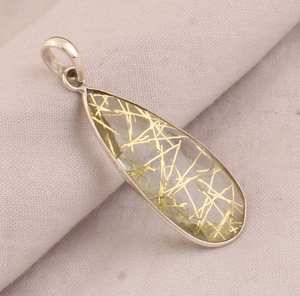 Pendentif en quartz rutile doré en argent sterling fait à la main en forme de poire collier de pierres précieuses naturelles pour femmes - Product Image 2