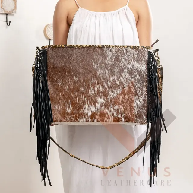 छुपा ले हाइलैंड गाय असली लेदर और Cowhide Crossbody शीर्ष संभाल फ्रिंज पर्स