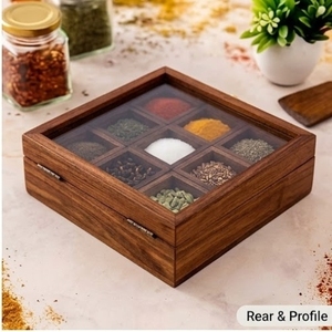Boîte à épices en bois avec couvercle en verre, organisateur de rangement pour herbes à 9 compartiments, résistant à la poussière, organisateur de tiroir de cuisine - Product Image 1