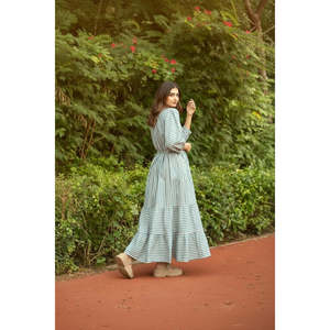 Cotton Midi <b>Dress</b> Stripe Hand Block Print Breathable <b>Boho</b> <b>Summer</b> Sundress Pockets Artisan Style Beach Vacation Wear for - Product Image 5
