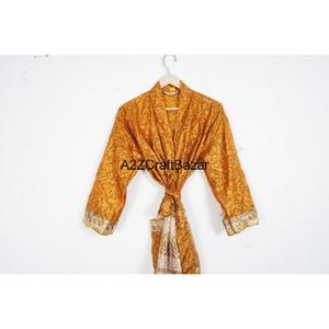 Bata Kimono de Seda Tejida a Mano India, Cuello en V, Cierre con Cordón, Diseño de Parches, Mangas Tres Cuartos, para Mujer, para las Cuatro Estaciones - Product Image 2