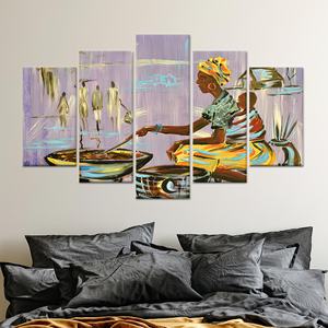 Decoración auténtica nigeriana: Impresión artística en lienzo de mujer africana cocinando, 5 piezas de lienzo envuelto - Product Image 1