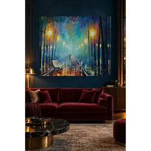 Impression sur toile : Couple Fida avec parapluie dans un parc pluvieux avec lanternes - Product Image 4
